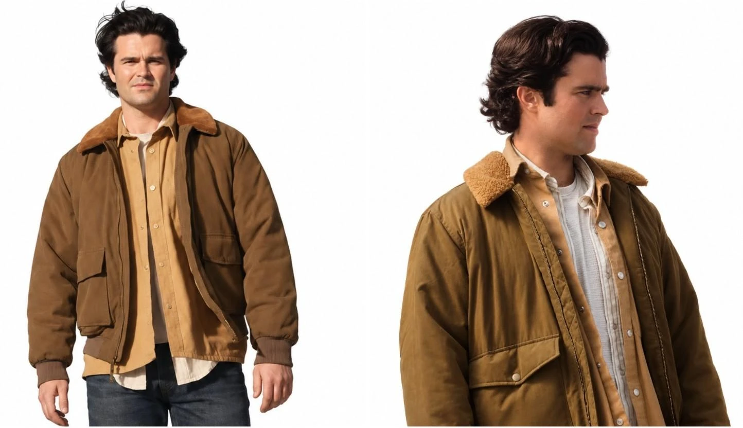 Close-up of Spencer Boldman brown shearling collar jacket from You Can’t Leave