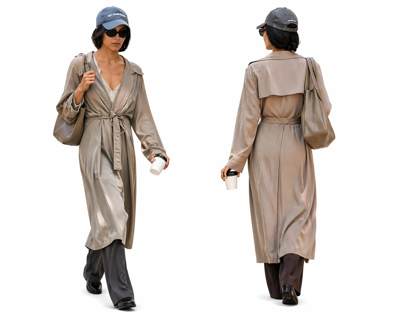 Zoe Kravitz wearing grey trench coat front and back street style outfit