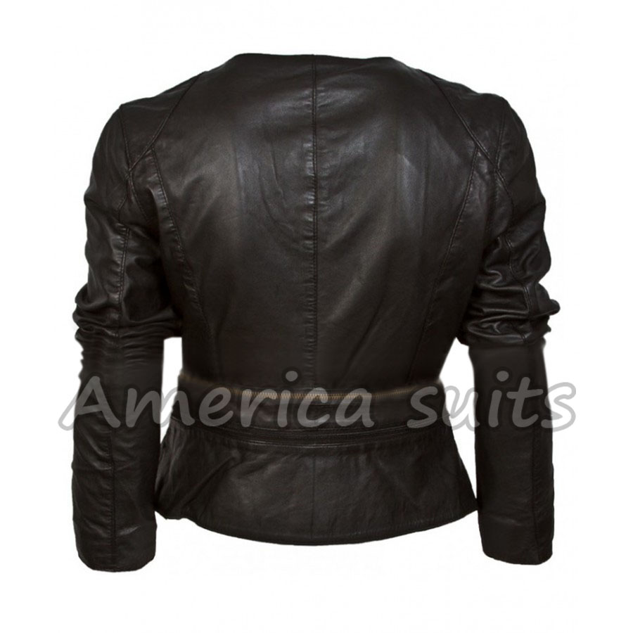 black collarless biker jacket