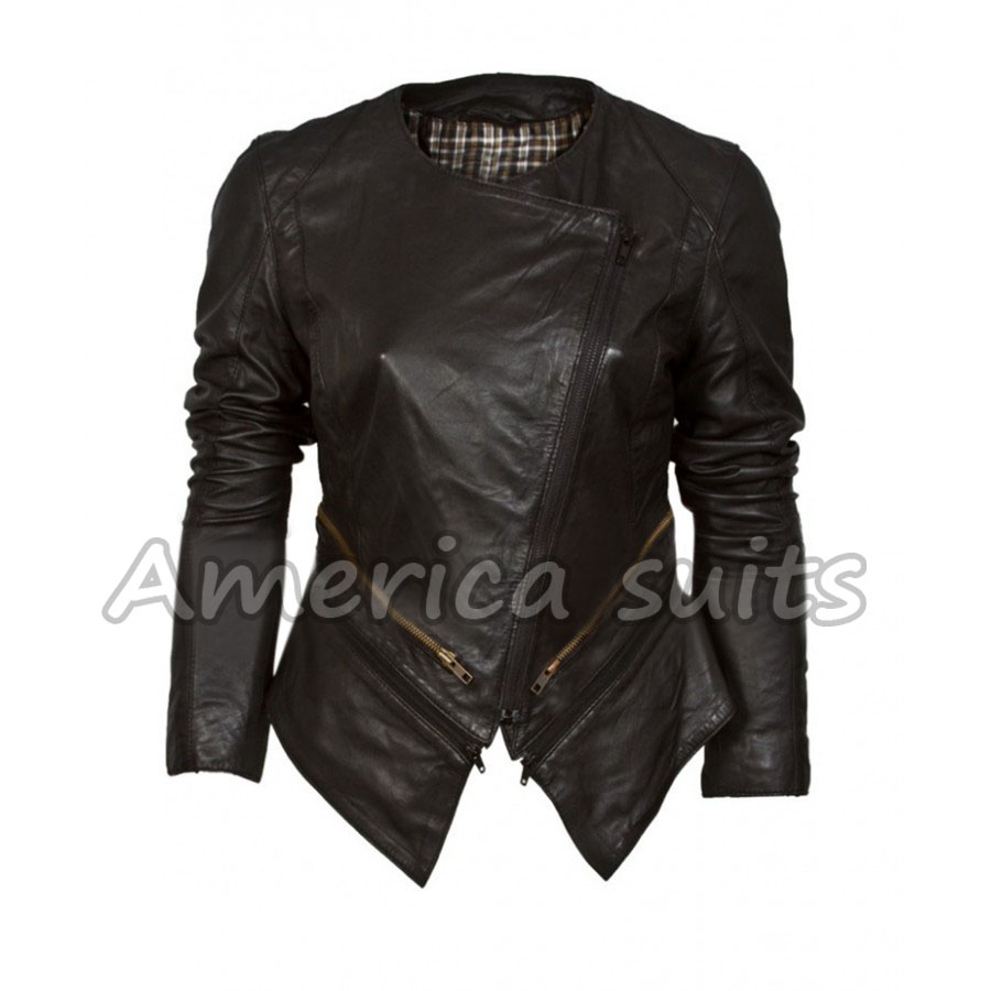 black collarless leather jacket