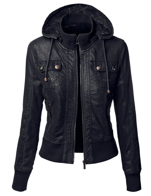 Double Collar Women Black Leather Jacket | americasuits.com