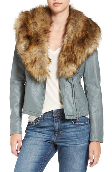 Faux Women Leather Jacket With Fur Collar