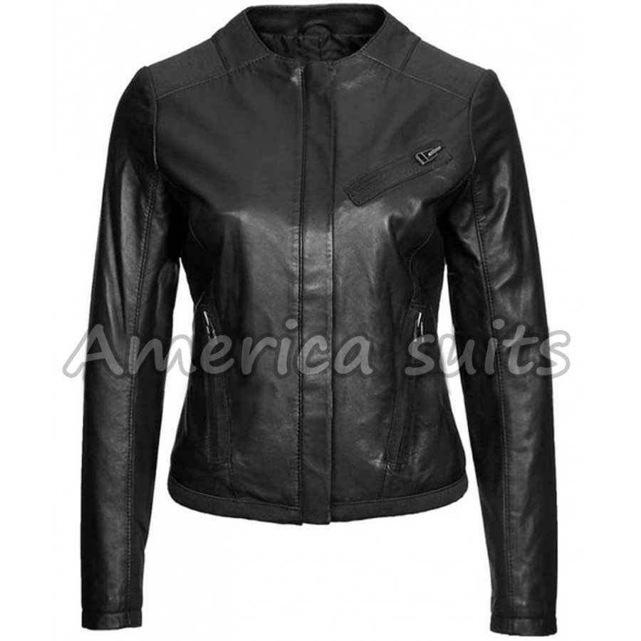 Ladies-collar-less-black-leather-jacket