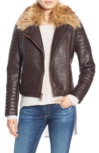 Andrew Marc Leather Moto Jacket With Removable Faux Fur Collar