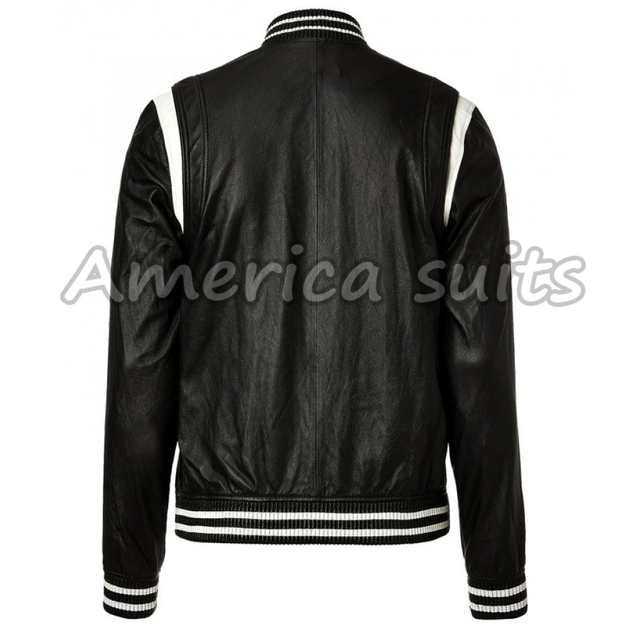 Men Black Leather Bomber Jacket With Ribbed Cuffs And Collar Men Black Leather Bomber Jacket With Ribbed Cuffs And Collar