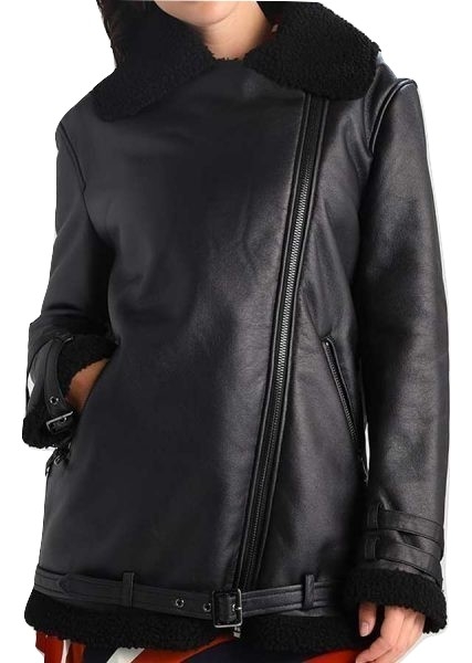 Womens Black Aviator Jacket With Black Shearling