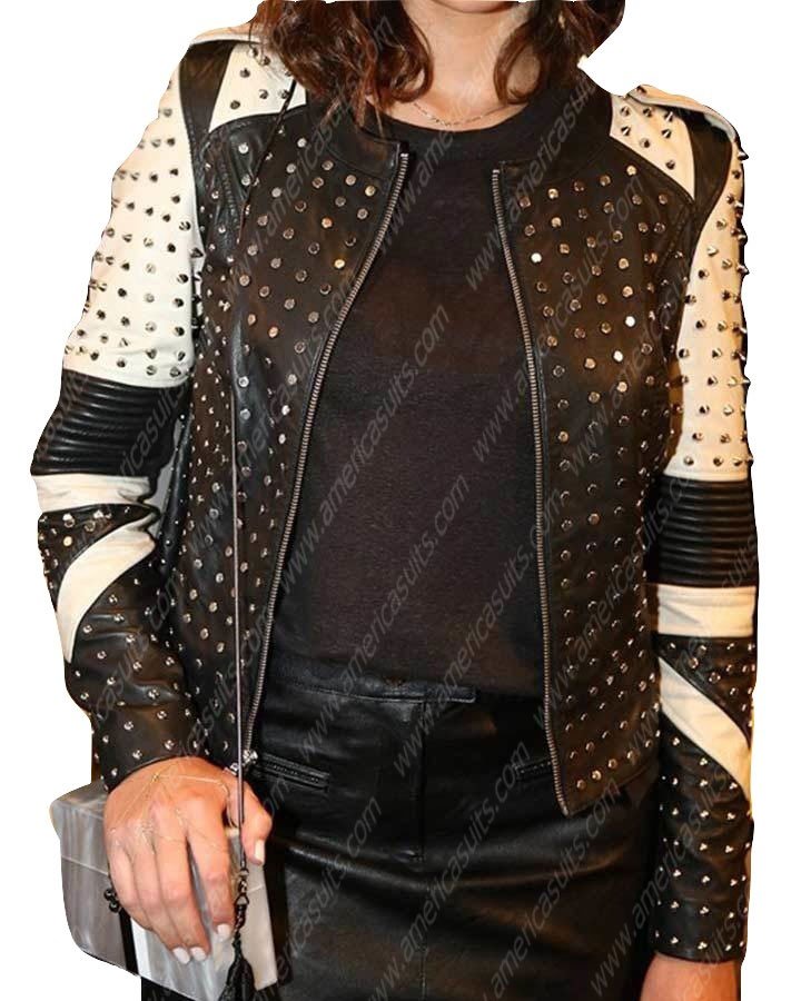 Bruna Marquezine Black And White Leather Jacket Bruna-Marquezine-Studded-leather-Jacket