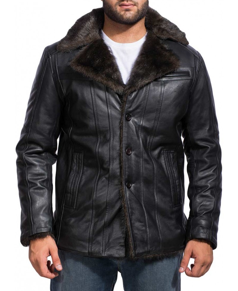 Men Black Fur Leather Jacket