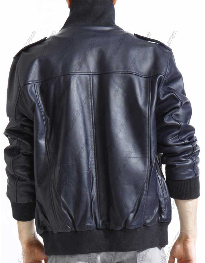 blue leather bomber jacket