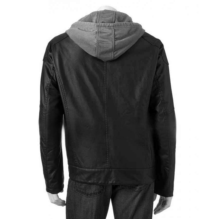 Mens Black Hoodie Faux Leather Moto Jacket faux-leather-hooded-jacket-900x900