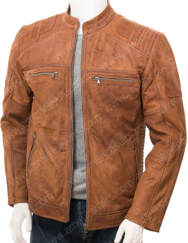 Mens Tan Leather Jacket with Outside Pockets | 40% OFF | americasuits.com