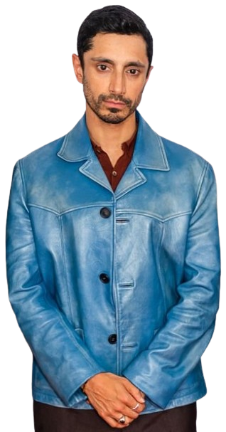 Relay Movie Riz Ahmed Blue Distressed Leather Jacket