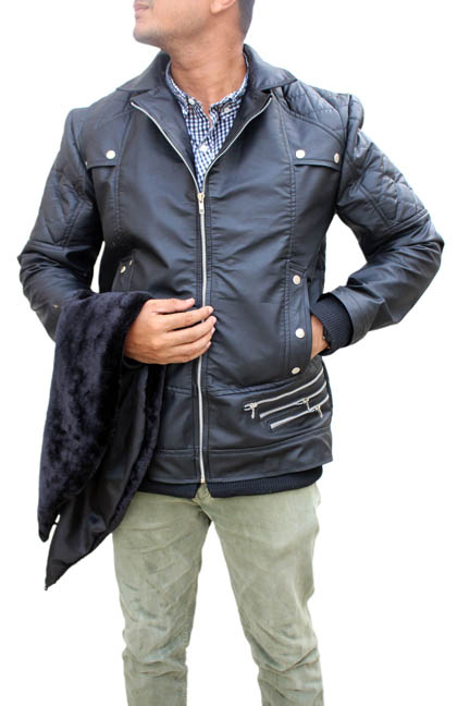 Fur Collar Black Leather Jacket For Men