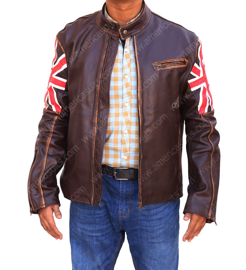 UK Flag Brando Slim Fit Leather Jacket FREE SHIPPING