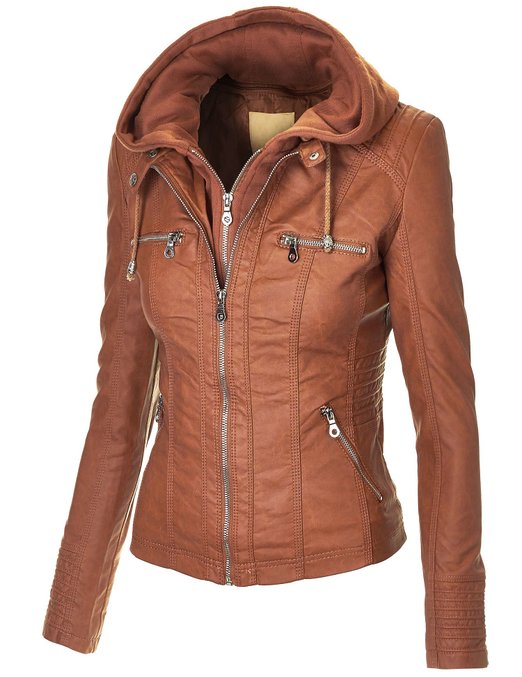 Women Brown Hooded Leather Jacket